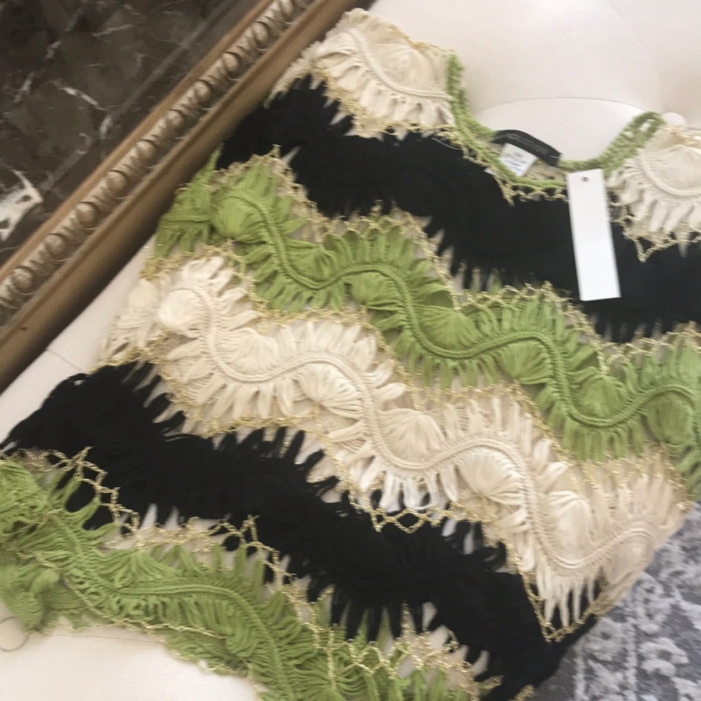 Scalloped Lace Wave Knit Top — Green, Black & Cream